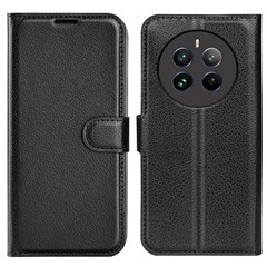 For Realme 12 4G / 12+ 5G Case Litchi Texture PU Leather Folio Flip Wallet Phone Cover - Black
