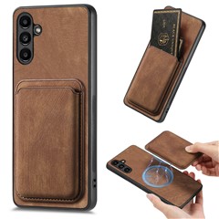 For Samsung Galaxy M14 4G Magnetic Case Leather Back Cover with Detachable Card Holder - Brown