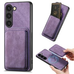 For Samsung Galaxy S23 Magnetic Case Leather Back Cover with Detachable Card Holder - Purple