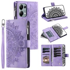 For Xiaomi Redmi Note 13 4G Case Mandala Imprinted Zipper Pocket Flip Leather Phone Cover with Strap - Purple