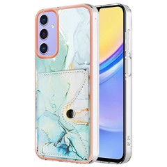 YB Leather Coating Series-9 for Samsung Galaxy A15 5G Case Card Slots IMD Marble Pattern Phone Cover - 003 Green