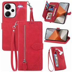 For Xiaomi Redmi Note 13 Pro+ 5G Zipper Wallet Case with Strap Flower Imprint PU Leather Phone Cover - Red