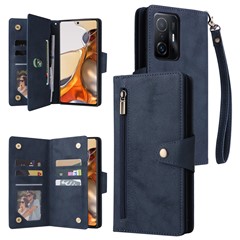 For Xiaomi 11T 5G / Xiaomi 11T Pro 5G Case Rivet Decor Leather Wallet Phone Cover with 9 Card Slots - Blue