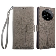 For Xiaomi 14 Ultra Case Tree Imprinted Wallet Stand Leather Phone Cover - Grey