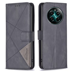BINFEN COLOR For Realme 12 4G / 12+ 5G Phone Cases Wallet Stand Geometry Imprint Leather Cover - Black