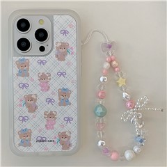 For iPhone 15 Pro TPU Case Cute Plaid Bow Bear Pattern Phone Cover with Beaded Wrist Strap