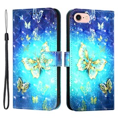 For iPhone 17e / 16e Leather Case Pattern Printing Wallet Stand Mobile Cover with Strap - Golden Butterflies