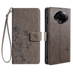 For Realme 11 5G (Global) / 11x 5G Cover Leather Butterfly Flower Imprinted Phone Protective Case - Grey