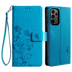 For Samsung Galaxy A23 4G / A23 5G (Global Version) Butterfly Flower Case PU Leather Phone Cover - Blue