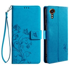 For Samsung Galaxy Xcover7 Case PU Leather Flip Stand Phone Cover Butterfly Flower Design - Blue