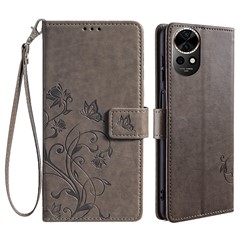 For Huawei nova 12 5G Case PU Leather Stand with Strap Butterfly Flower Wallet Cover - Grey