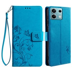 For Xiaomi Redmi Note 13 4G Anti-Scratch Phone Cover PU Leather Case Imprinted Butterfly Floral Stand Phone Shell - Blue