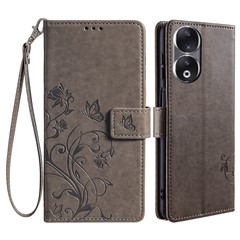 For Honor 90 Case Butterfly Flower PU Leather Stand Phone Cover with Wrist Strap Card Slots - Grey