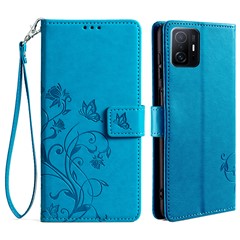 For Xiaomi 11T 5G / 11T Pro 5G Phone Case Wrist Strap Card Slots Butterfly Flower Leather Cover - Blue