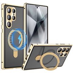 For Samsung Galaxy S24 Ultra Magnetic Case Kickstand Matte PC Cover with HD Tempered Glass Film - Gold