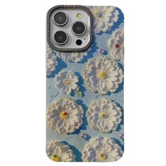 For iPhone 14 Pro Max Cover Rhinestone Flower Pattern Decor Phone Case with Metal Lens Frame - White Flower