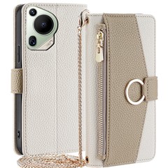 For Huawei Pura 70 Ultra Stand Case Zipper Wallet Magnetic Phone Cover with Mirror Function - White