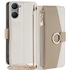 For vivo Y03 Case Makeup Mirror PU Leather+TPU Phone Cover with Chain Shoulder Strap - White