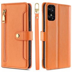 For TCL 50 SE Case Texture Leather Zipper Pocket Stand Flip Phone Cover with 2 Straps - Orange