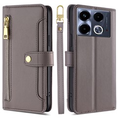 For Infinix Note 40 Leather Case with Shoulder Strap Wallet Stand Phone Cover - Grey