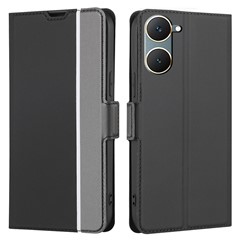 For vivo Y03 Case Card Holder Scratch Proof Twill Texture Leather Phone Cover - Black