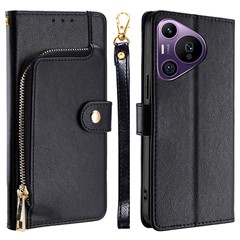 For Huawei Pura 70 Pro / Pura 70 Pro+ Case Magnetic Clasp Leather Zipper Pocket Phone Protector - Black