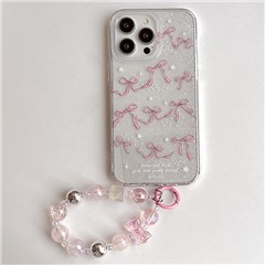 For iPhone 14 Pro Max TPU Cover Dual-Side IMD Phone Shell Bowknot Pattern Phone Protective Case with Bead Strap