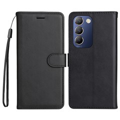 For vivo V40 SE 5G / Y100 5G (Indonesia) / Y200e 5G / V30 Lite 5G (India) Case Solid Color Leather Mobile Cover Wallet Stand with Strap - Black