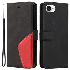 For iPhone 17e / 16e Leather Case Wallet Stand Color Splicing Phone Cover - Black