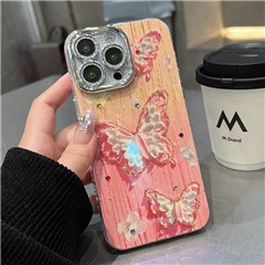 For iPhone 15 Pro Max IMD Cover Stylish Oil Painting Butterfly PC+TPU Phone Case with PC Lens Film - Pink