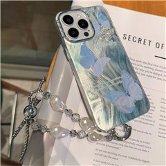 For iPhone 15 Pro Max Case Feather Texture Butterfly Pattern TPU+PC Phone Cover with Hand Chain - Blue