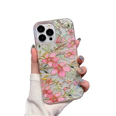 For iPhone 15 Pro Phone Case TPU+PC Phone Protective Cover Glittery Powder Red Flower Pattern Design
