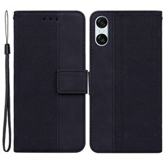For Sony Xperia 5 VI Case Imprinted Geometry PU Leather Wrist Strap Phone Cover - Black