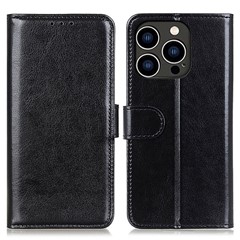 For iPhone 16 Pro Max Wallet Case Crazy Horse Texture Leather Phone Cover - Black