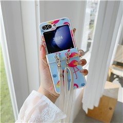 For Samsung Galaxy Z Flip5 5G   Phone Case PU Leather Coated PC Phone Cover with Long Strap - Blue