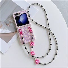 Folding Phone Case for Samsung Galaxy Z Flip5 5G , Butterfly Pattern PU+PC Cover with Beaded Crossbody Strap - Pink