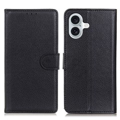 For iPhone 16 Case PU Leather Wallet Stand Litchi Texture Phone Cover - Black