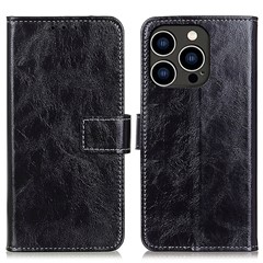 For iPhone 16 Pro Case Retro Crazy Horse Texture Leather Phone Wallet Cover - Black
