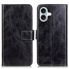 For iPhone 16 Plus Leather Case Wallet Stand Retro Crazy Horse Texture Phone Cover - Black