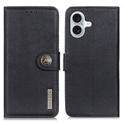 KHAZNEH For iPhone 16 Case Cowhide Texture Leather Phone Cover - Black