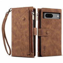 ESEBLE Star Series For Google Pixel 8a Case Zipper PU Leather Phone Cover with Card Slots Wrist Strap - Brown
