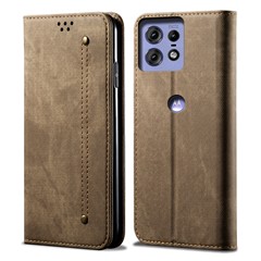 For Motorola Edge 50 Pro 5G Case Leather Jeans Cloth Texture Folio Flip Phone Cover - Khaki