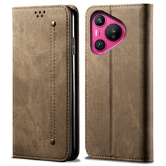 For Huawei Pura 70 Pro / Pura 70 Pro+ Case Leather Wallet Phone Cover Jeans Cloth Texture - Khaki