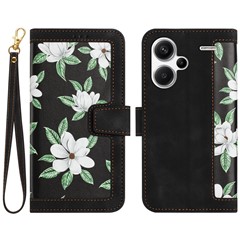 For Xiaomi Redmi Note 13 Pro+ 5G Case PU Leather Flower Pattern Wallet Style Flip Phone Cover - Black
