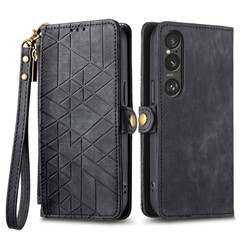 For Sony Xperia 1 VI Zipper Wallet Case Geometry Lines Leather Phone Cover with Strap - Black