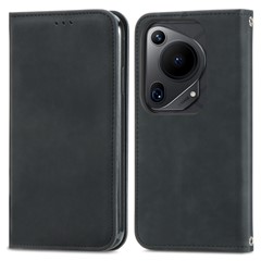 For Huawei Pura 70 Ultra Case Retro Leather Magnetic Closure Shockproof Phone Cover - Black