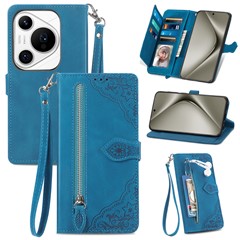 For Huawei Pura 70 Pro / Pura 70 Pro+ Zipper Wallet Case with Strap Flower Imprint PU Leather Phone Cover - Blue