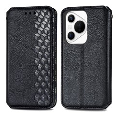For Huawei Pura 70 PU Leather Case Rhombus Imprint Wallet Stand Phone Cover - Black