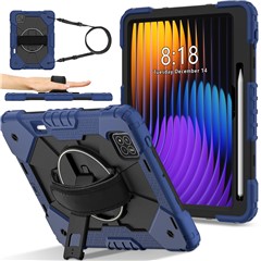 For Xiaomi Pad 7 Pro  /  Pad 7 Case Silicone + PC Kickstand Tablet Cover with Handy Strap - Navy Blue  /  Black