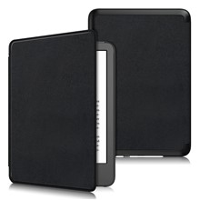 For Amazon Kindle 6" (2022) PU Leather Folio Case Auto Sleep / Wake Feature Solid Color Tablet Cover - Black